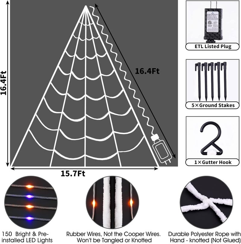 Zivilic Halloween Spider Web Lights 150 LED Lighted Spider Web Giant 16.4 Ft Halloween Decorations Light up with 8 Lighting Modes Waterproof & Timer Outdoor Indoor Yard Haunted House Decor, Purple & Orange - Image 5